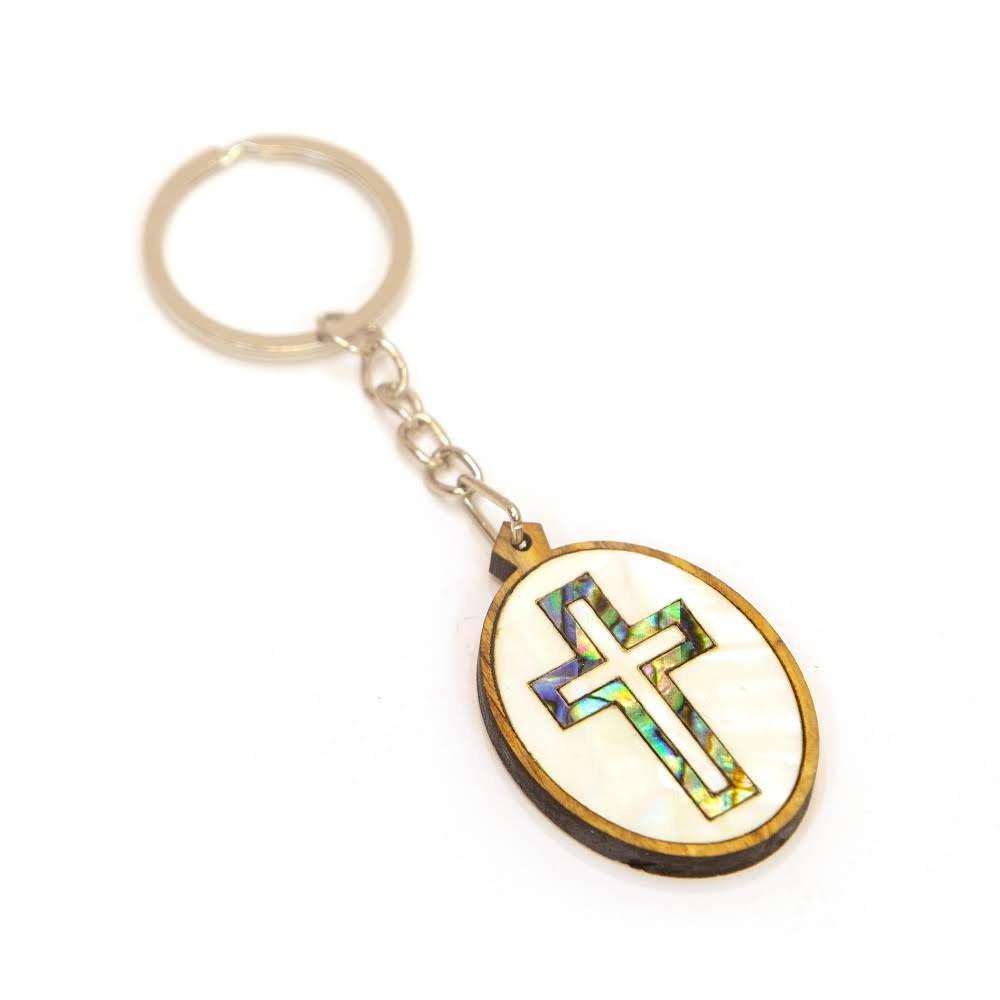 Olive Wood Cross Keychain With Mother of Pearl-Abalone-From Bethlehem