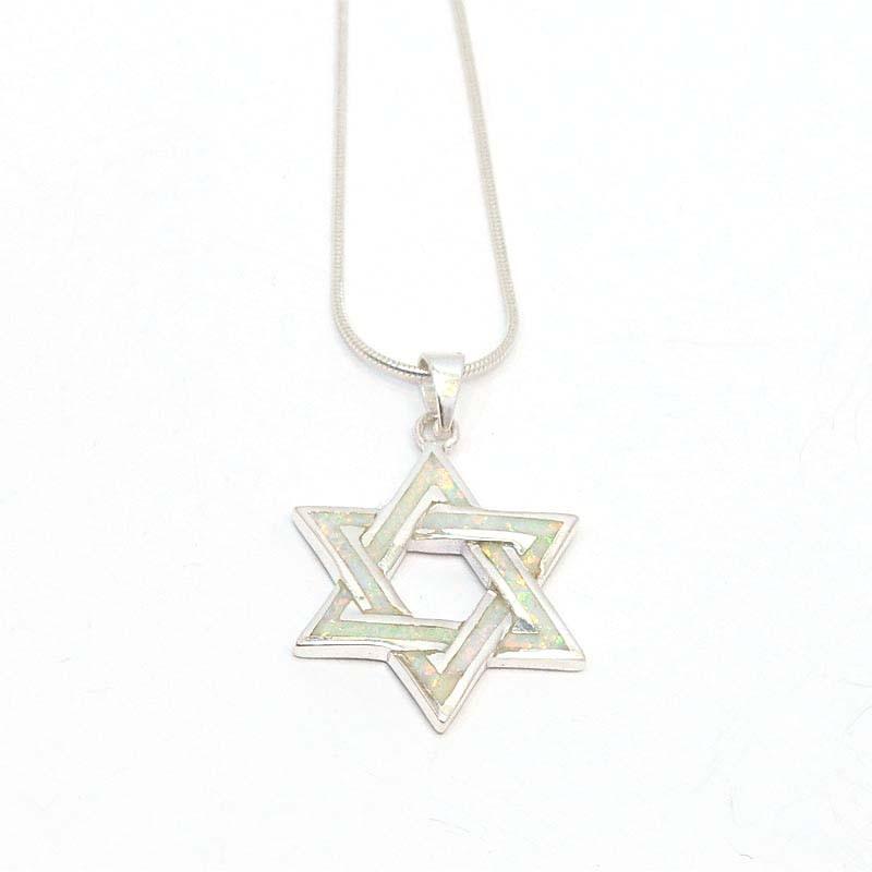 Star Of David In Sterling Silver and White Opal Pendant