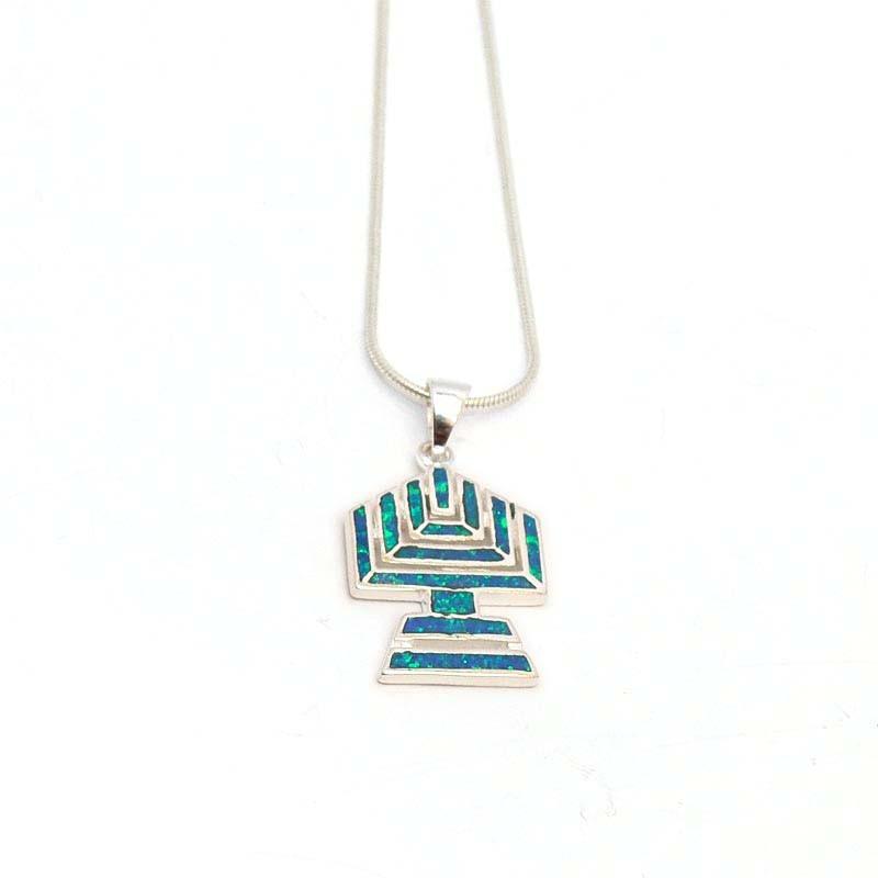 Sterling Silver And Blue Opal Menorah Seven Branch Pendant