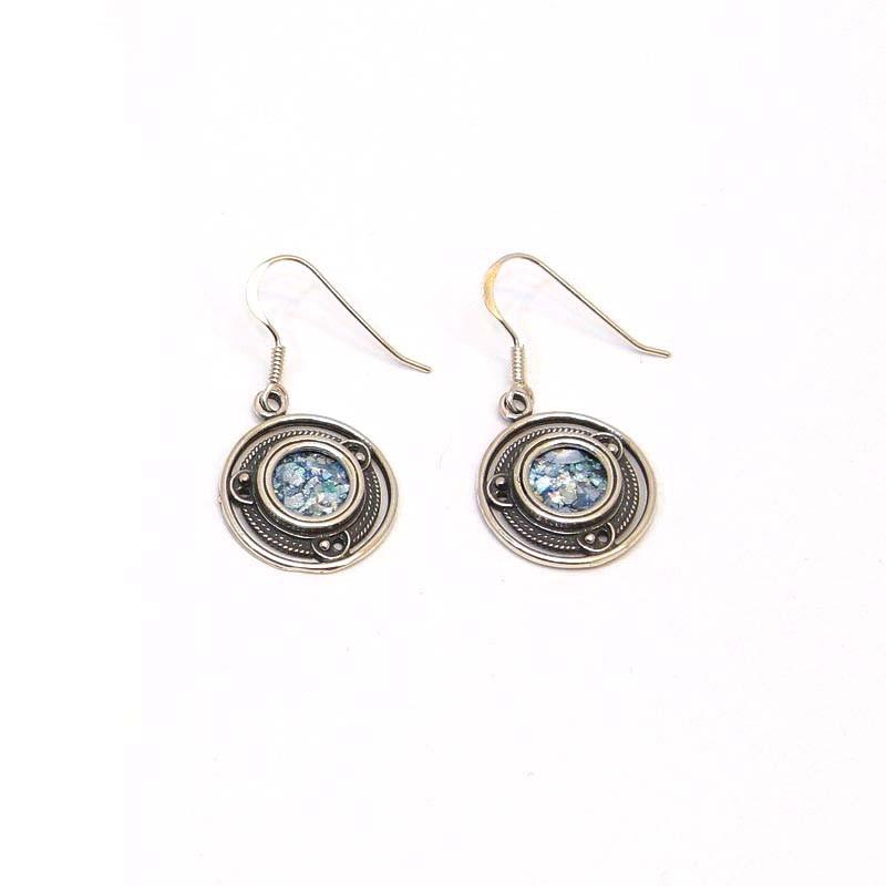 Round Exquisite Roman Glass Earrings In Sterling Silver