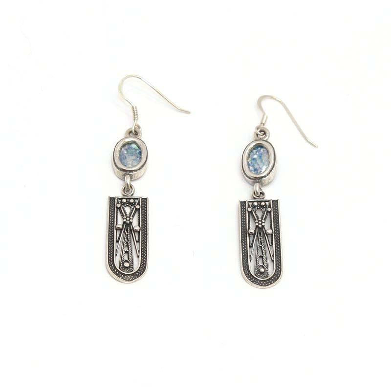 Long Roman Glass Earrings With Sterling Silver From The Holy Land
