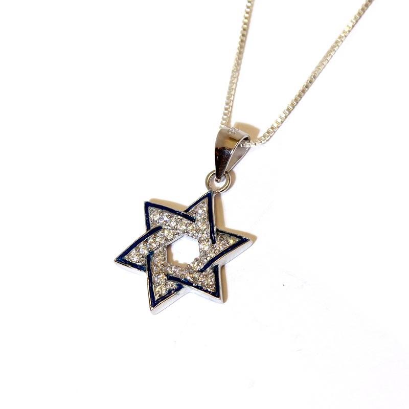 Star of David Pendant With CZ And Blue Enamel