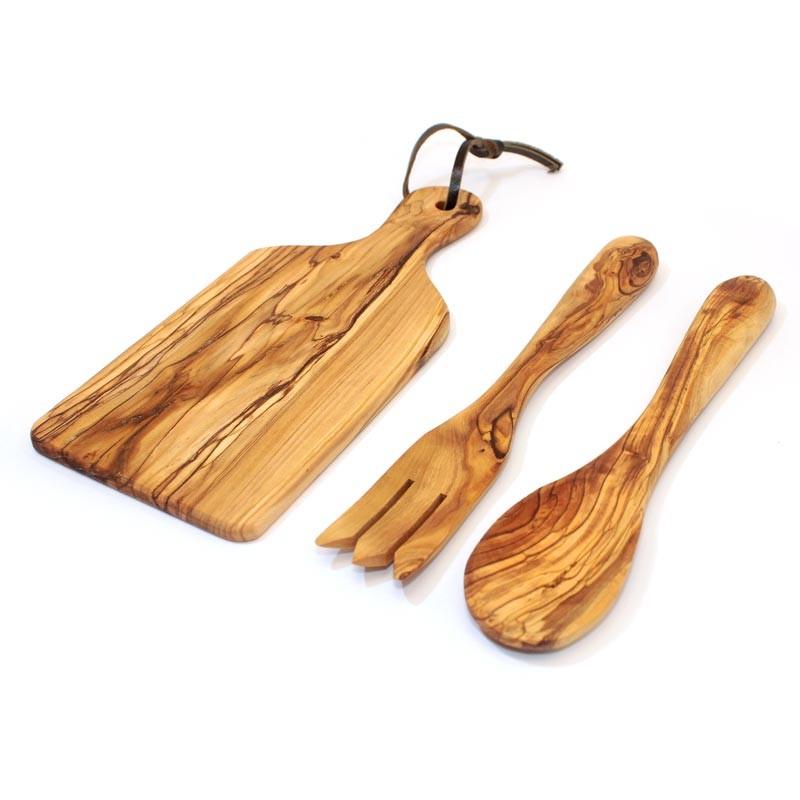 Small Set of Spoon , Fork And Chopping Board Made Of Olive Wood