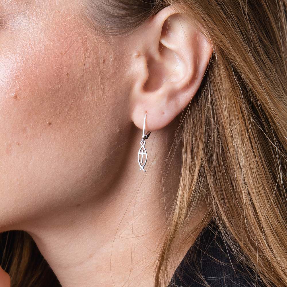 Sterling Silver Ichthys Fish Cross Earrings | Elegant Christian Faith Jewelry from the Holy Land
