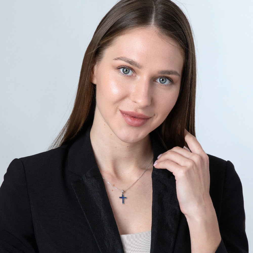Sterling Silver Blue Enamel Cross Pendant Necklace | Elegant Christian Faith Jewelry from the Holy Land