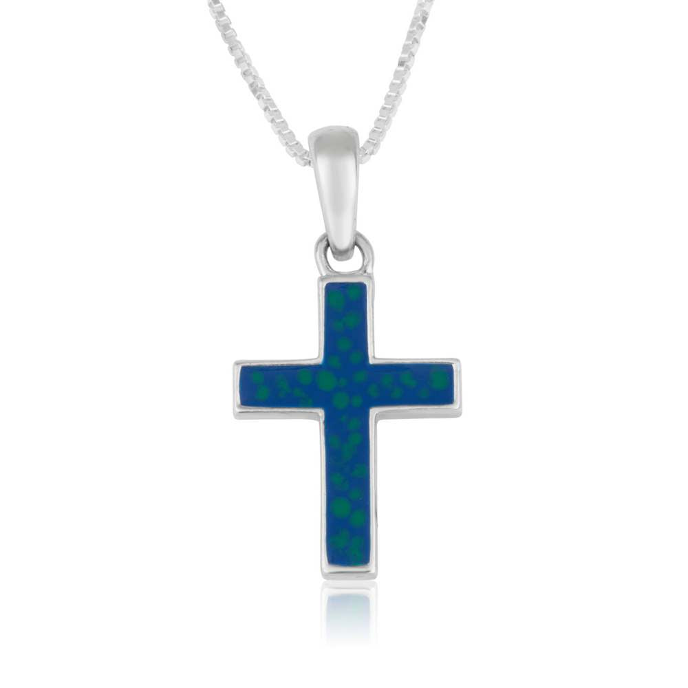 Sterling Silver Blue Enamel Cross Pendant Necklace | Elegant Christian Faith Jewelry from the Holy Land