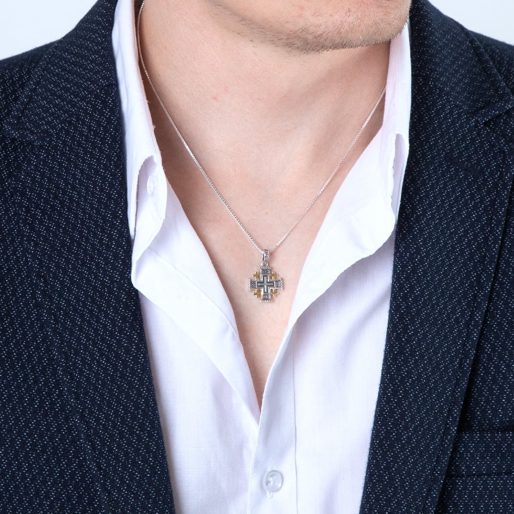 Luxury Jerusalem Cross Necklace In Sterling Silver And Gold Plated | Faith Inspied Christian Gift