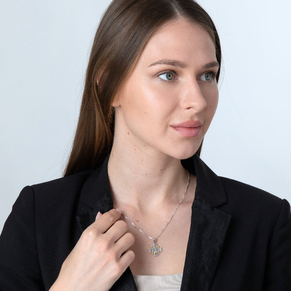 Luxury Jerusalem Cross Necklace In Sterling Silver And Gold Plated | Faith Inspied Christian Gift
