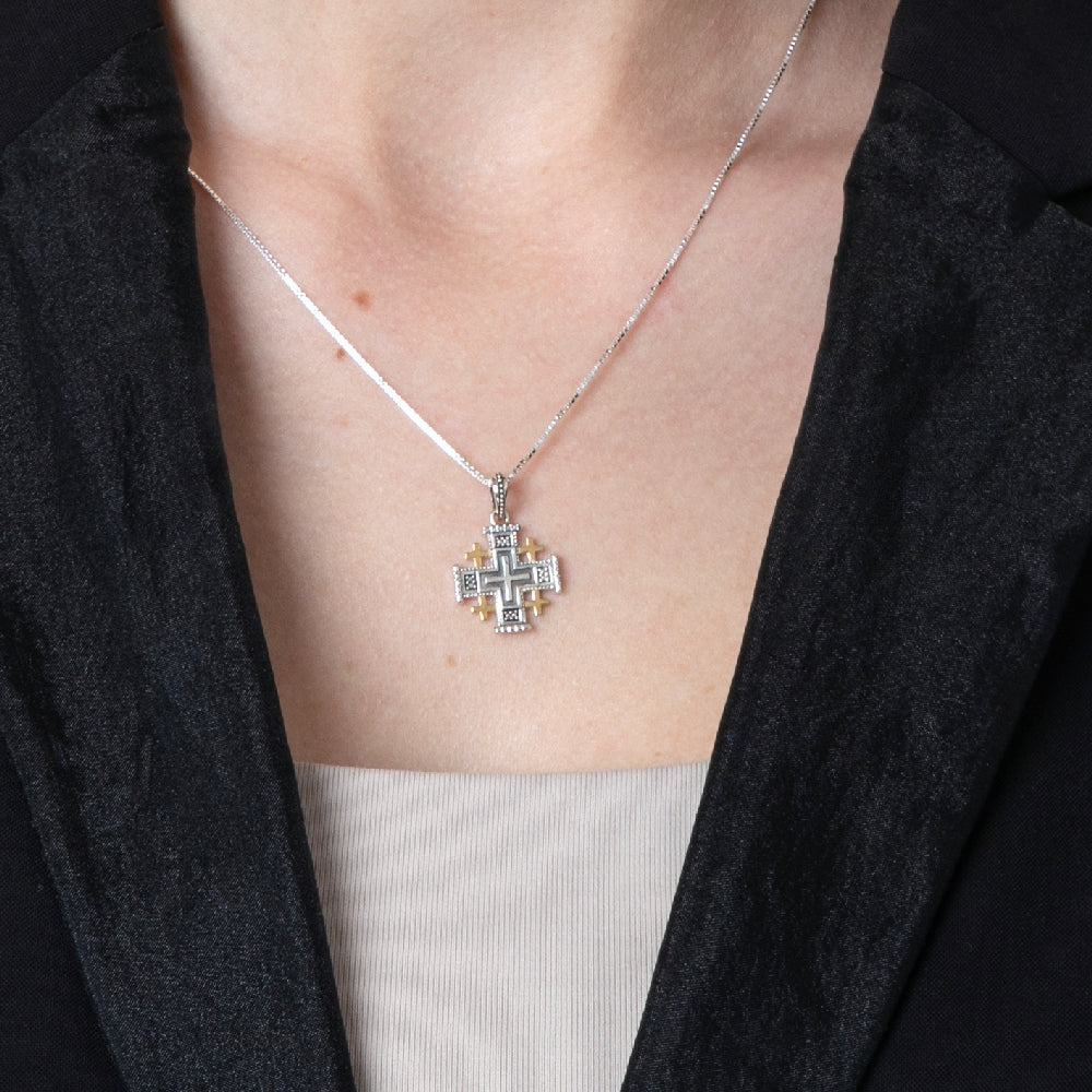Luxury Jerusalem Cross Necklace In Sterling Silver And Gold Plated | Faith Inspied Christian Gift