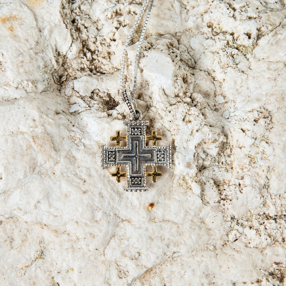 Luxury Jerusalem Cross Necklace In Sterling Silver And Gold Plated | Faith Inspied Christian Gift
