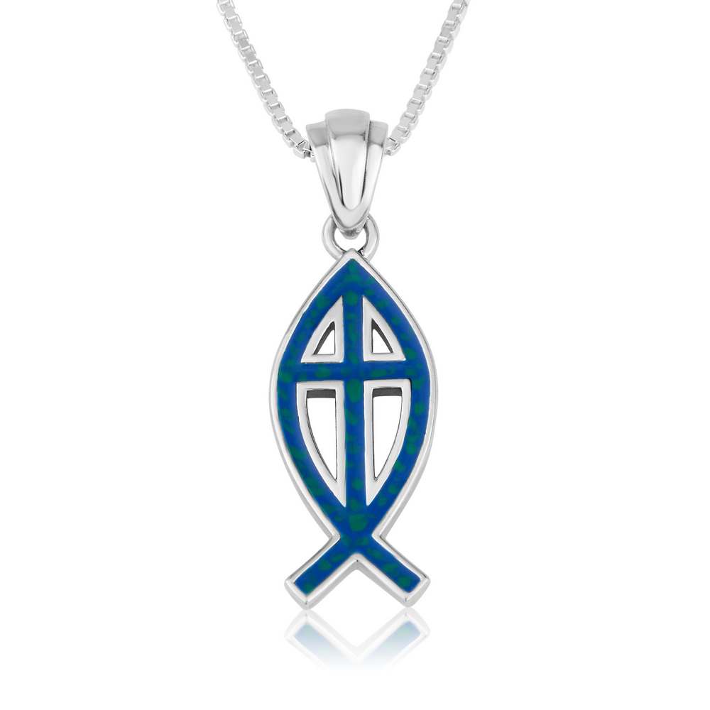 Sterling Silver Blue Enamel Ichthys Cross Pendant Necklace – Ancient Christian Fish Symbol from the Holy Land