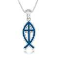 Sterling Silver Blue Enamel Ichthys Cross Pendant Necklace – Ancient Christian Fish Symbol from the Holy Land