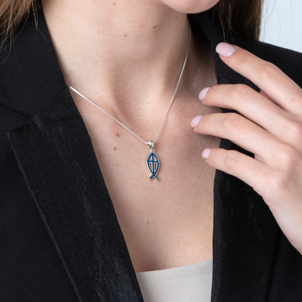 Sterling Silver Blue Enamel Ichthys Cross Pendant Necklace – Ancient Christian Fish Symbol from the Holy Land