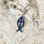 Sterling Silver Blue Enamel Ichthys Cross Pendant Necklace – Ancient Christian Fish Symbol from the Holy Land