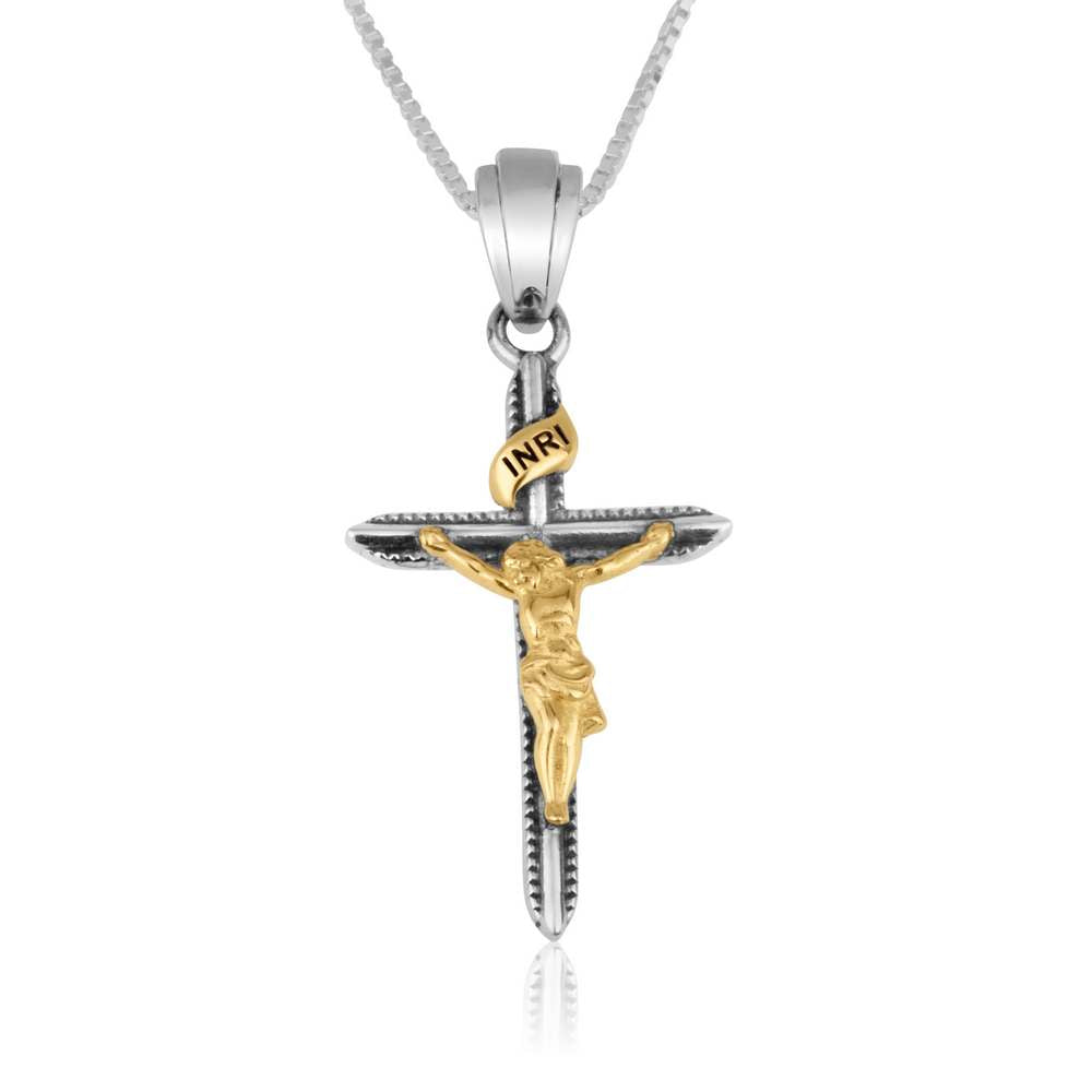 Sterling Silver & Gold Crucifix Pendant Necklace with INRI – Detailed Corpus Christian Jewelry from the Holy Land
