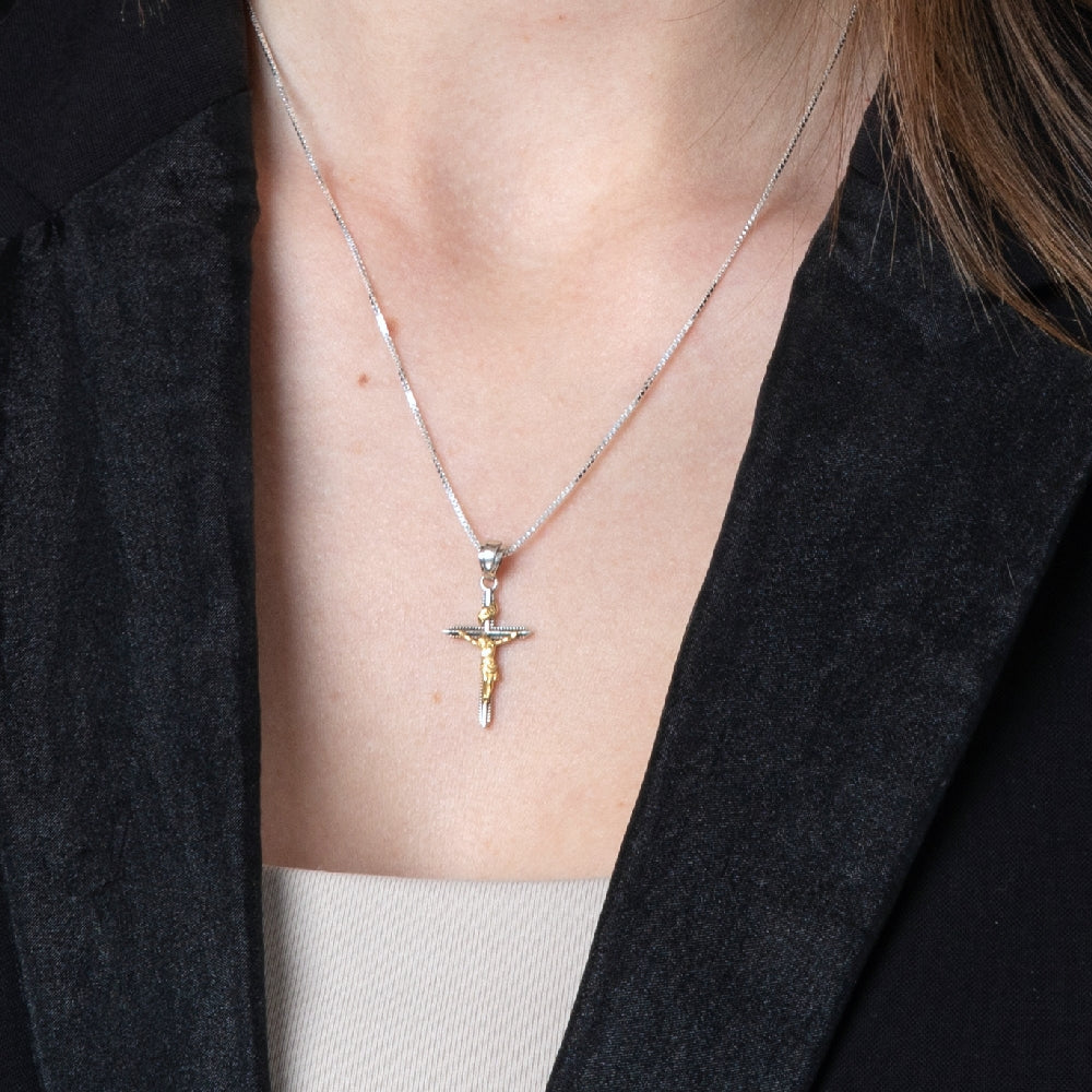 Sterling Silver & Gold Crucifix Pendant Necklace with INRI – Detailed Corpus Christian Jewelry from the Holy Land