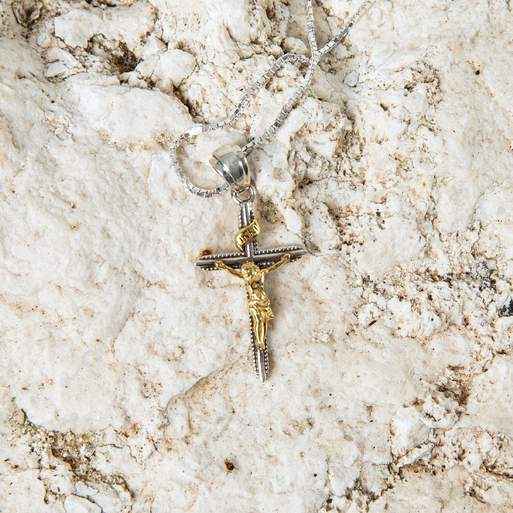 Sterling Silver & Gold Crucifix Pendant Necklace with INRI – Detailed Corpus Christian Jewelry from the Holy Land