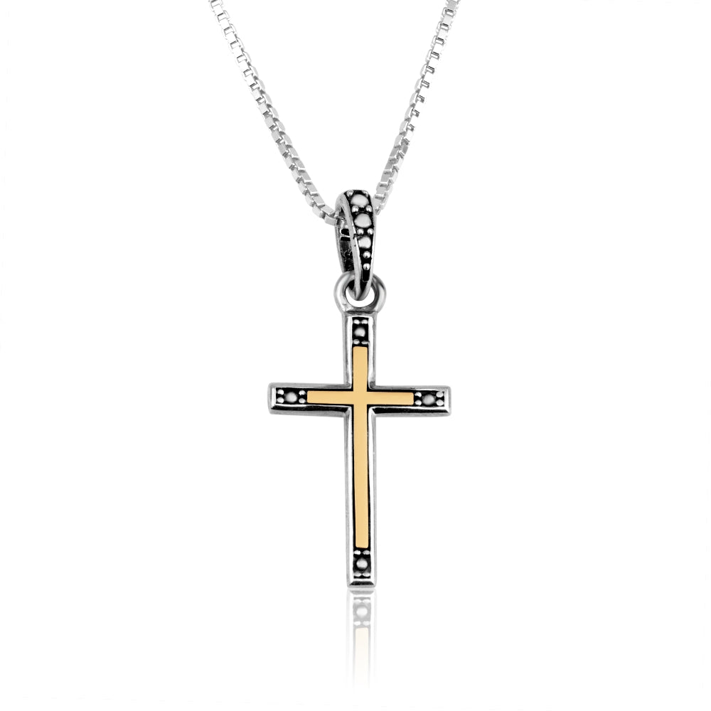 Sterling Silver & Gold Inlay Cross Pendant Necklace – Elegant Two-Tone Christian Jewelry from the Holy Land