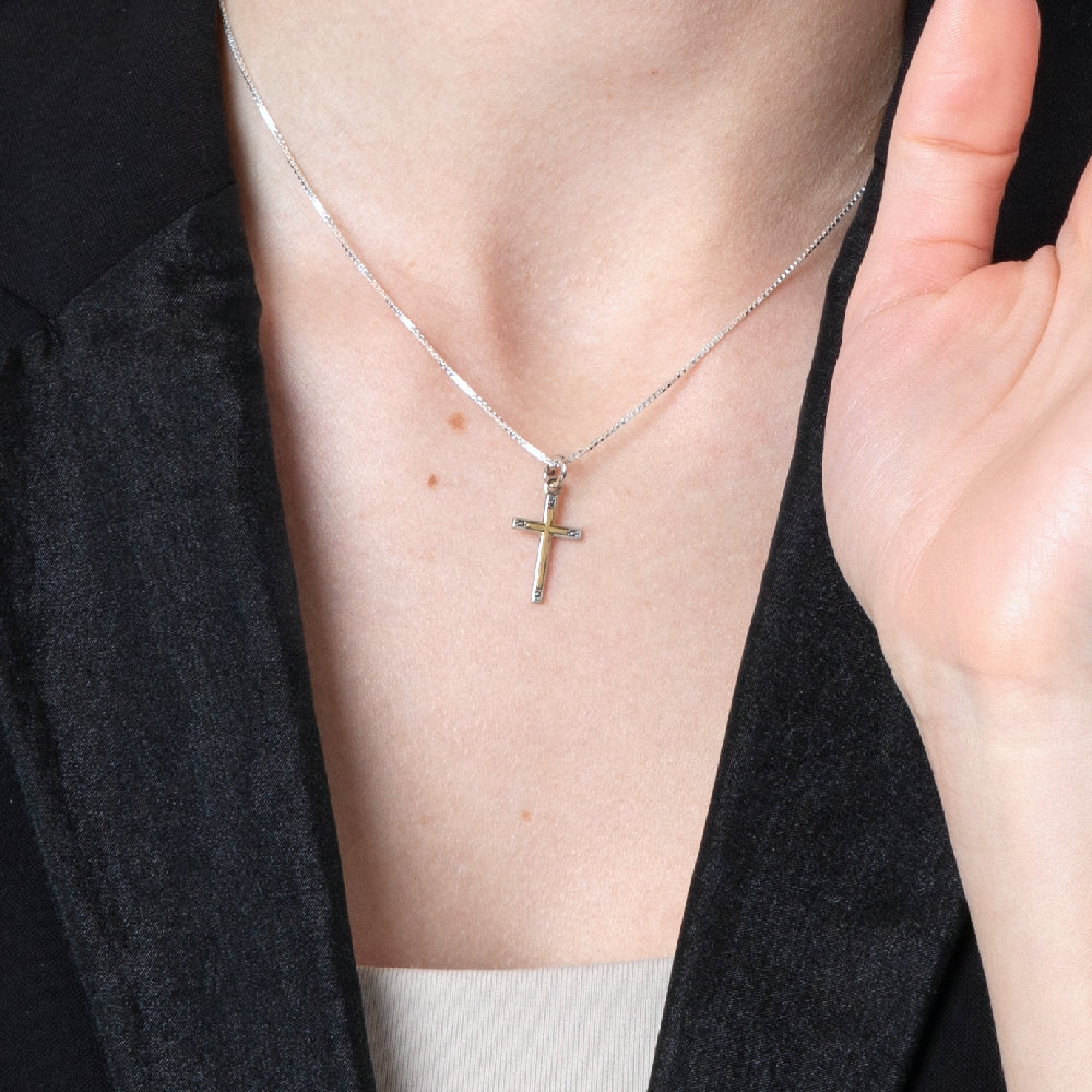 Sterling Silver & Gold Inlay Cross Pendant Necklace – Elegant Two-Tone Christian Jewelry from the Holy Land