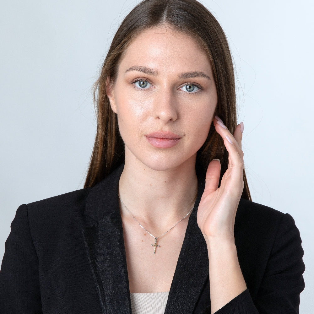 Sterling Silver & Gold Inlay Cross Pendant Necklace – Elegant Two-Tone Christian Jewelry from the Holy Land