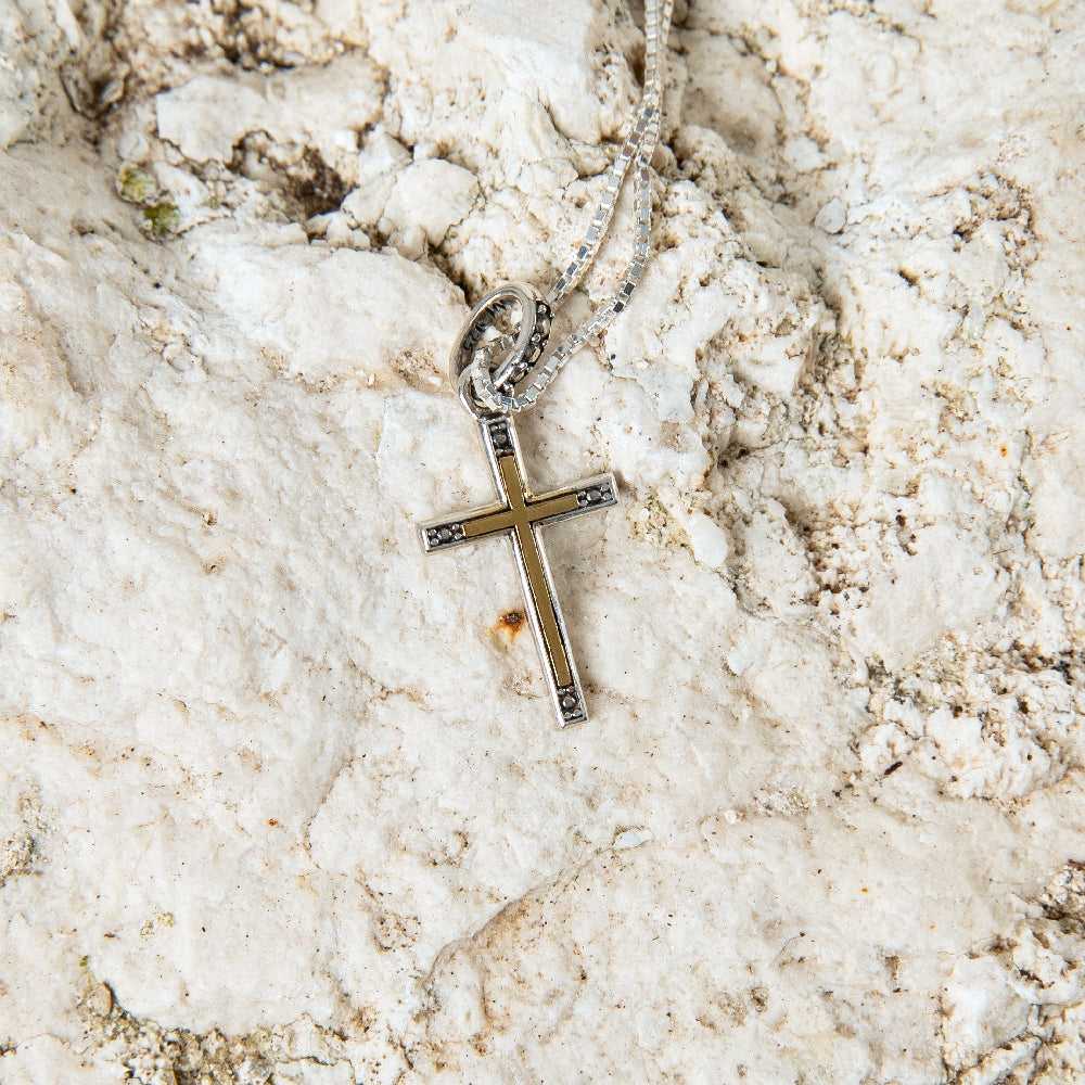 Sterling Silver & Gold Inlay Cross Pendant Necklace – Elegant Two-Tone Christian Jewelry from the Holy Land