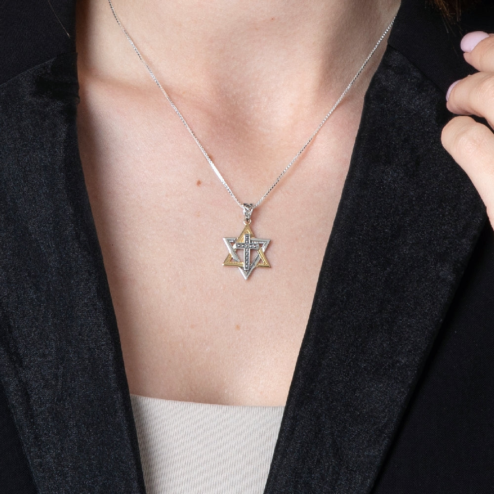Sterling Silver & Gold Star of David with Cross Pendant Necklace – Messianic Faith Jewelry from the Holy Land