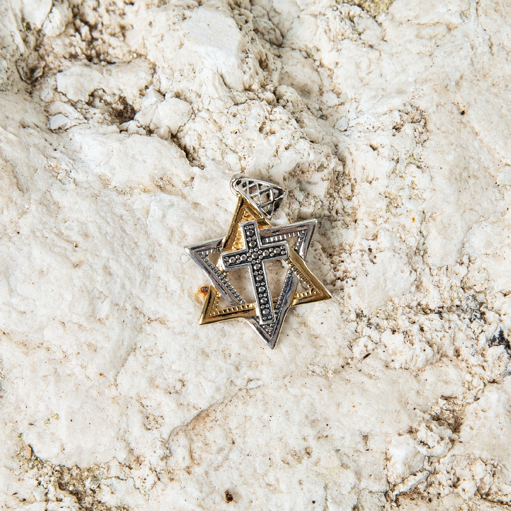 Sterling Silver & Gold Star of David with Cross Pendant Necklace – Messianic Faith Jewelry from the Holy Land