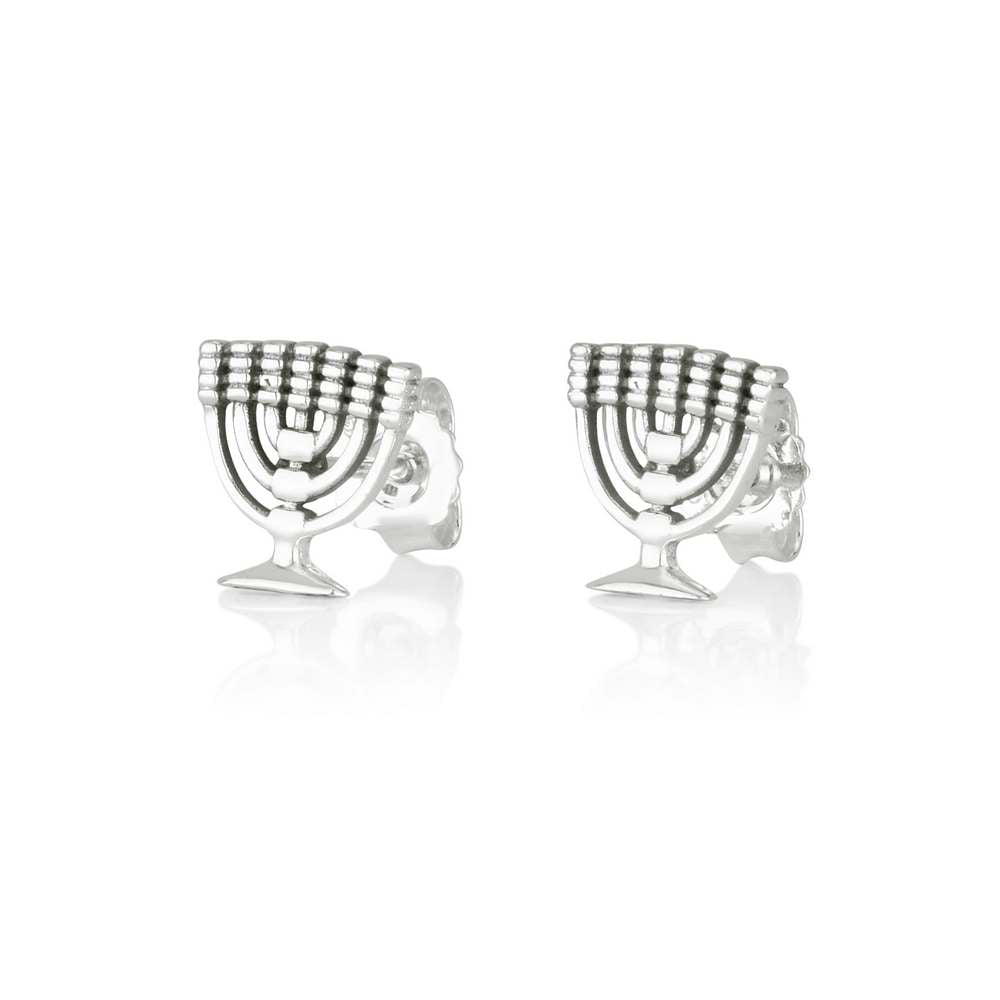 Sterling Silver Menorah Stud Earrings – Symbol of Faith & Light from the Holy Land