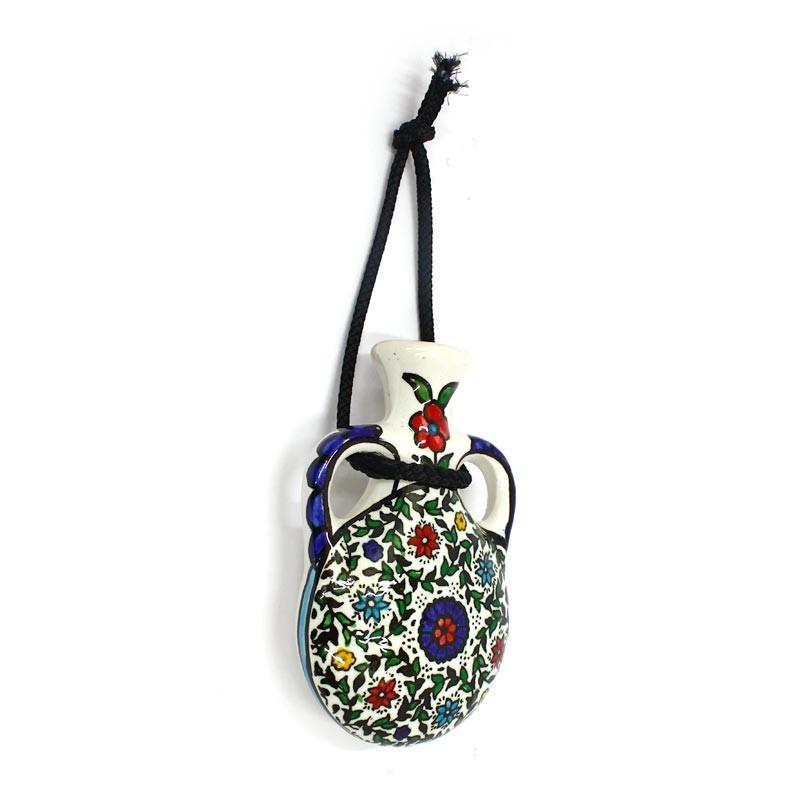 Floral Design Hand Painted Ceramic Pilgrim’s Wall Flask From Israel