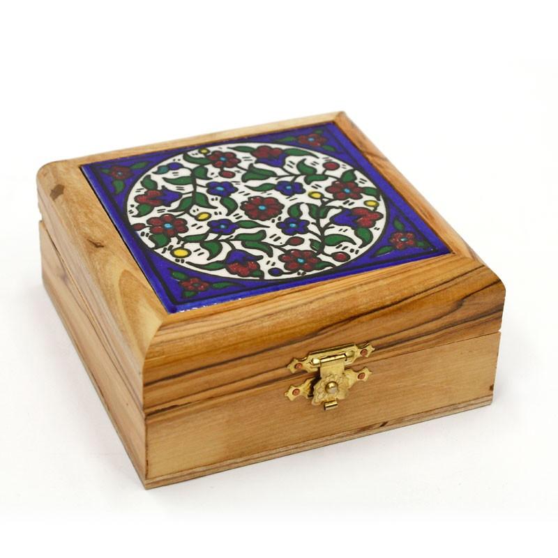 Jewels Box made of Olive Wood and Floral Armenian Ceramic