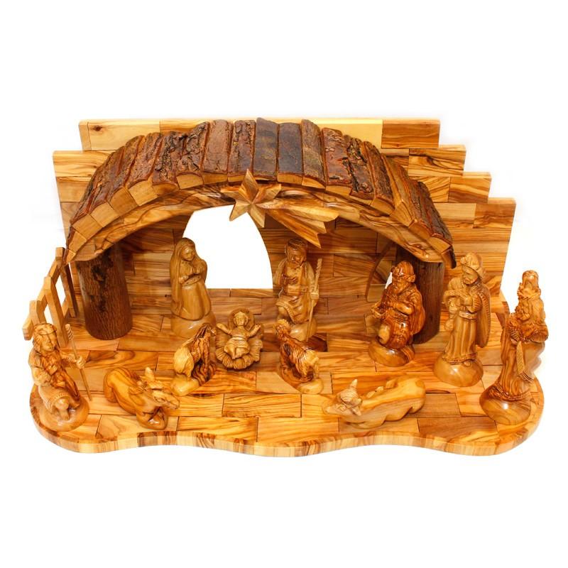 Beautiful Artistic Olive Wood Nativity With Arch Bark Of The Tree