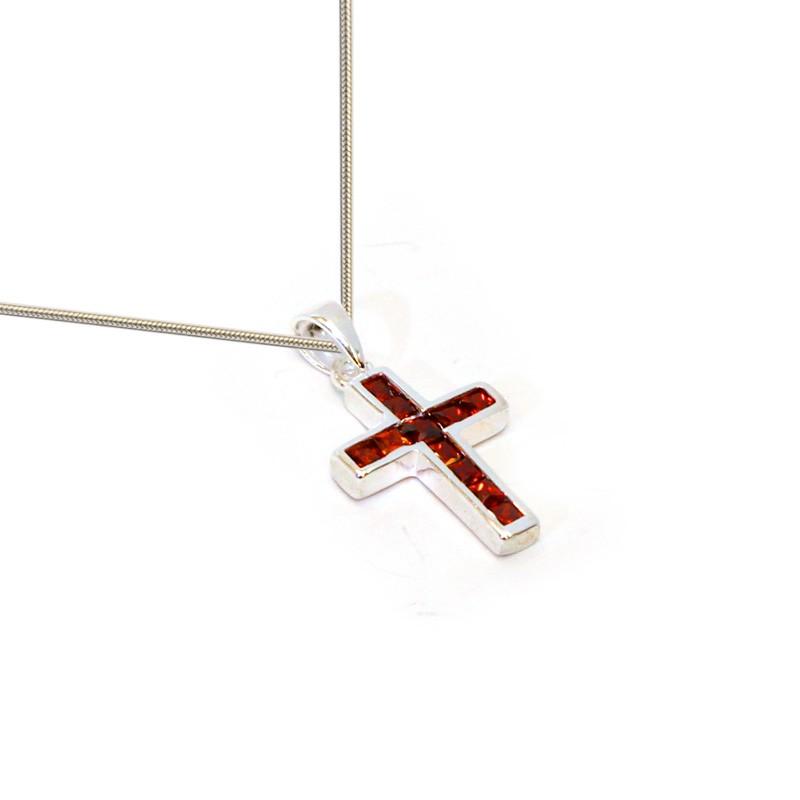 Red Cubic Zirconia Cross In Sterling Silver