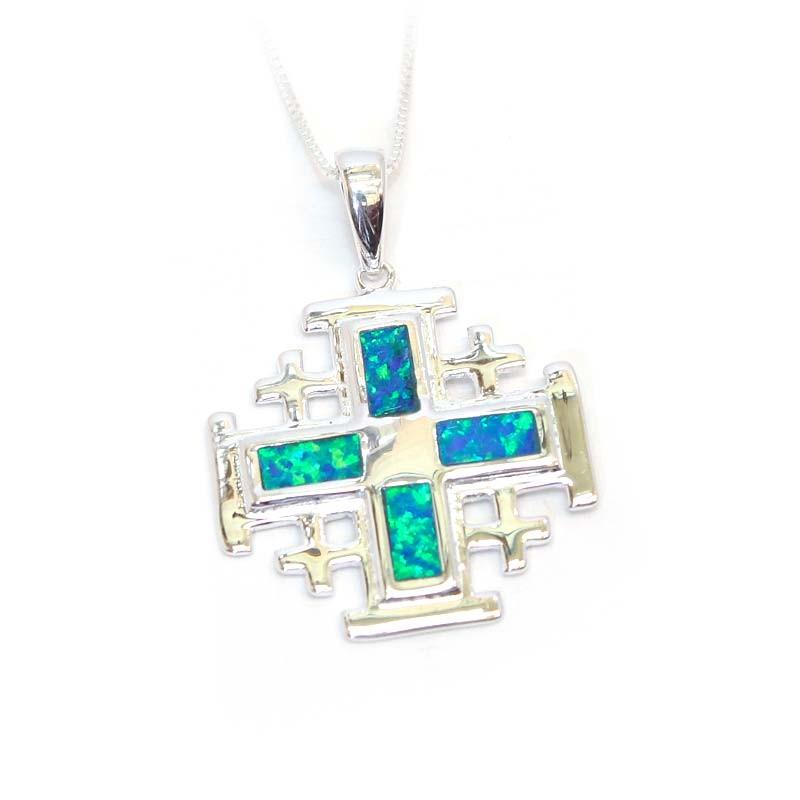 Jerusalem Cross Necklace With Opal And Sterling Silver