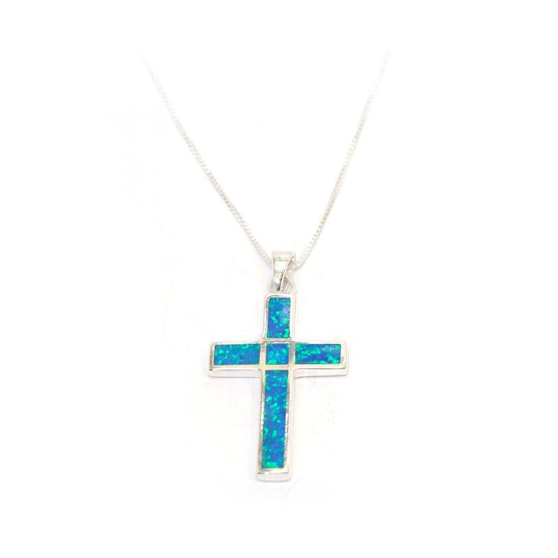 Classic Cross Necklace In Sterling Silver And Opal Stones