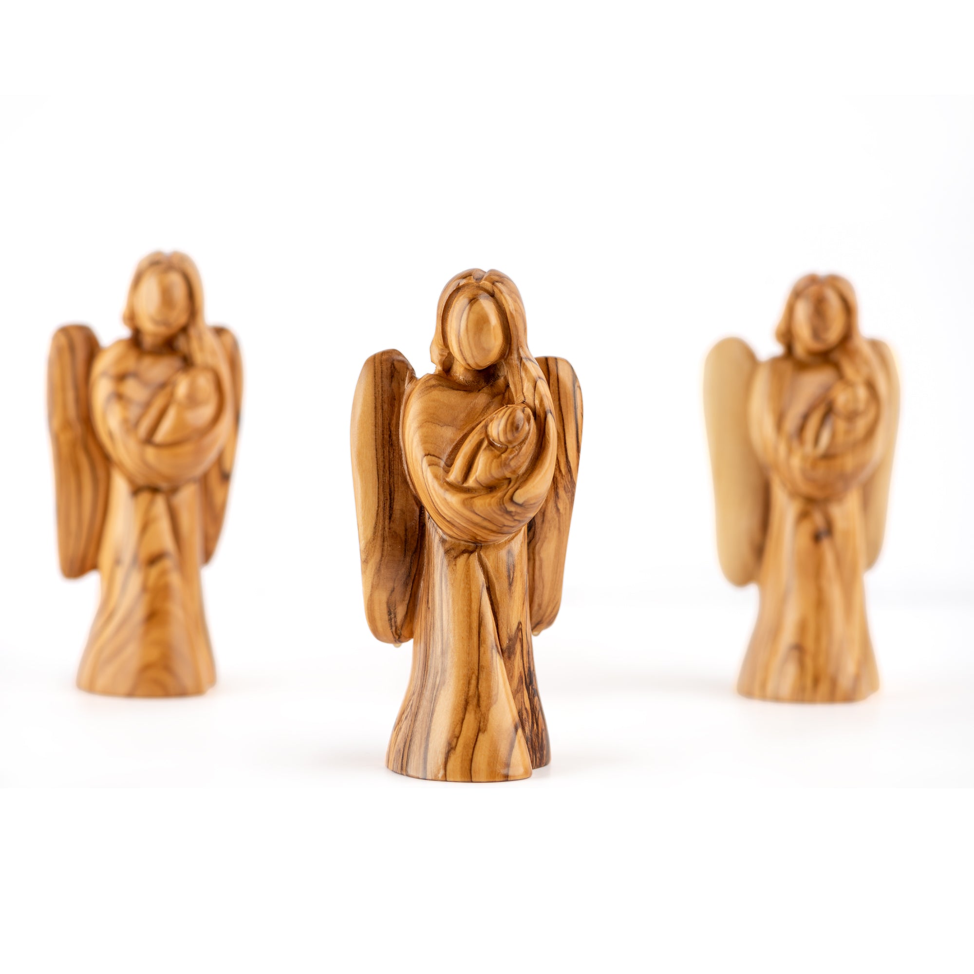 Angel Holding Jesus Baby Sculpture Made from Olive Wood