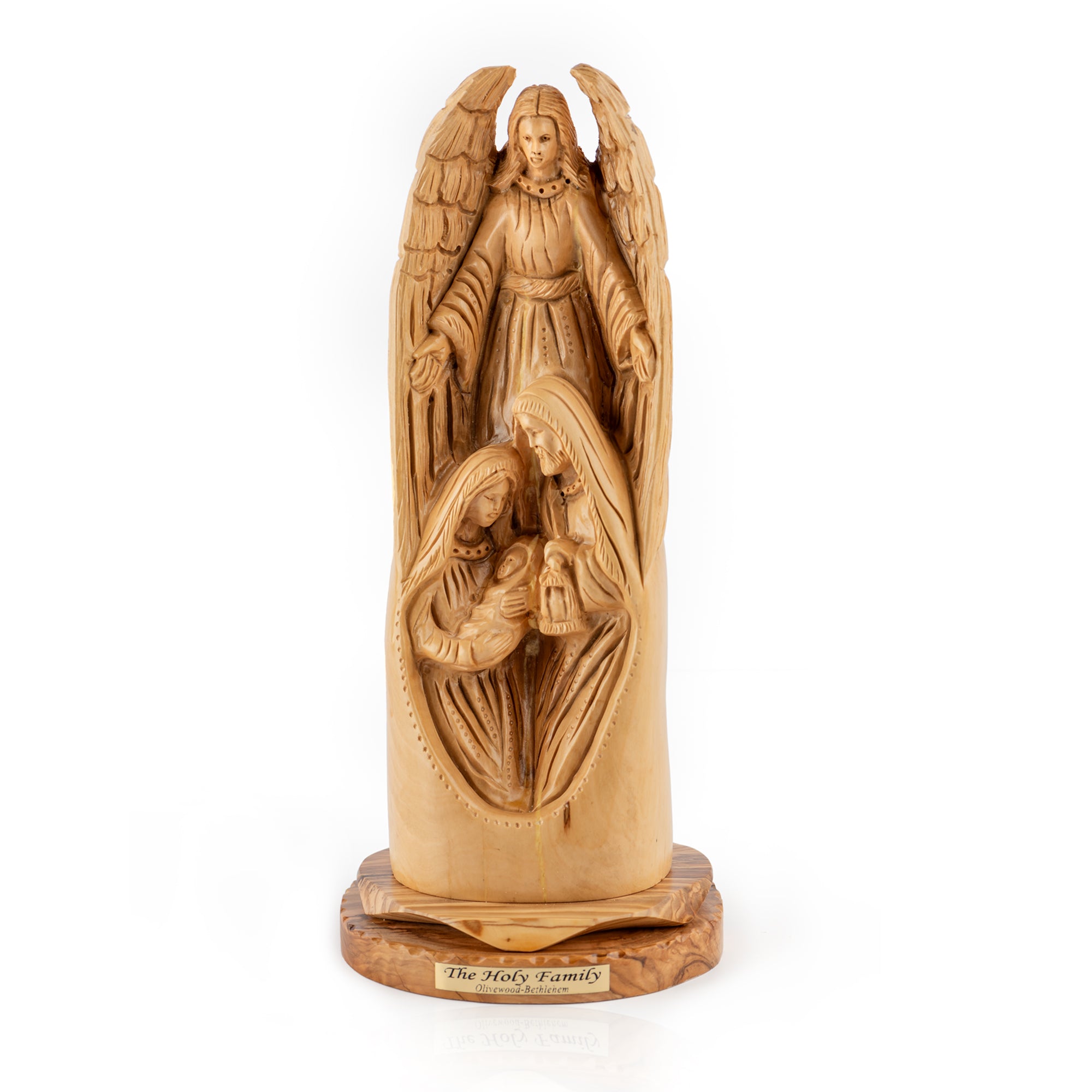 Angel with Holy Family Sculpture Made from Olive Wood
