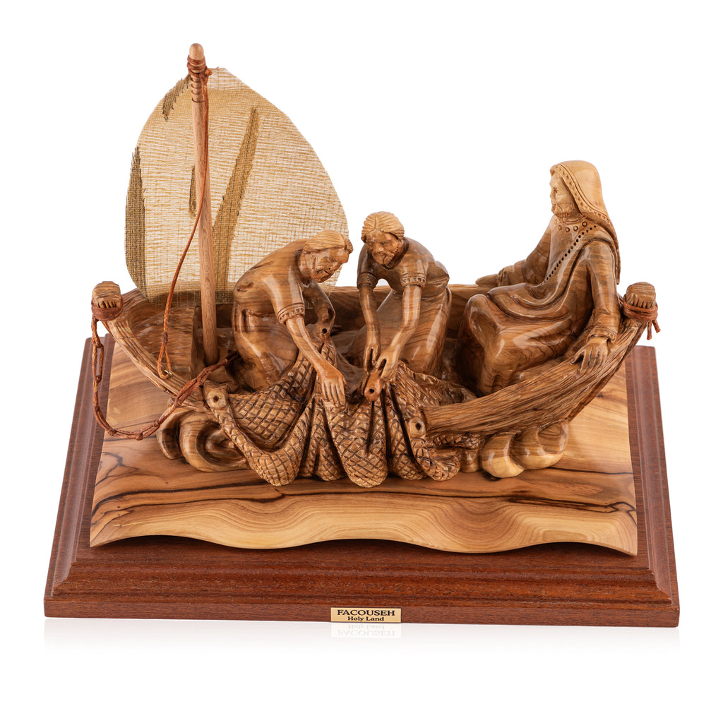 Miraculous Catch of Fish Sculpture Made from Olive Wood