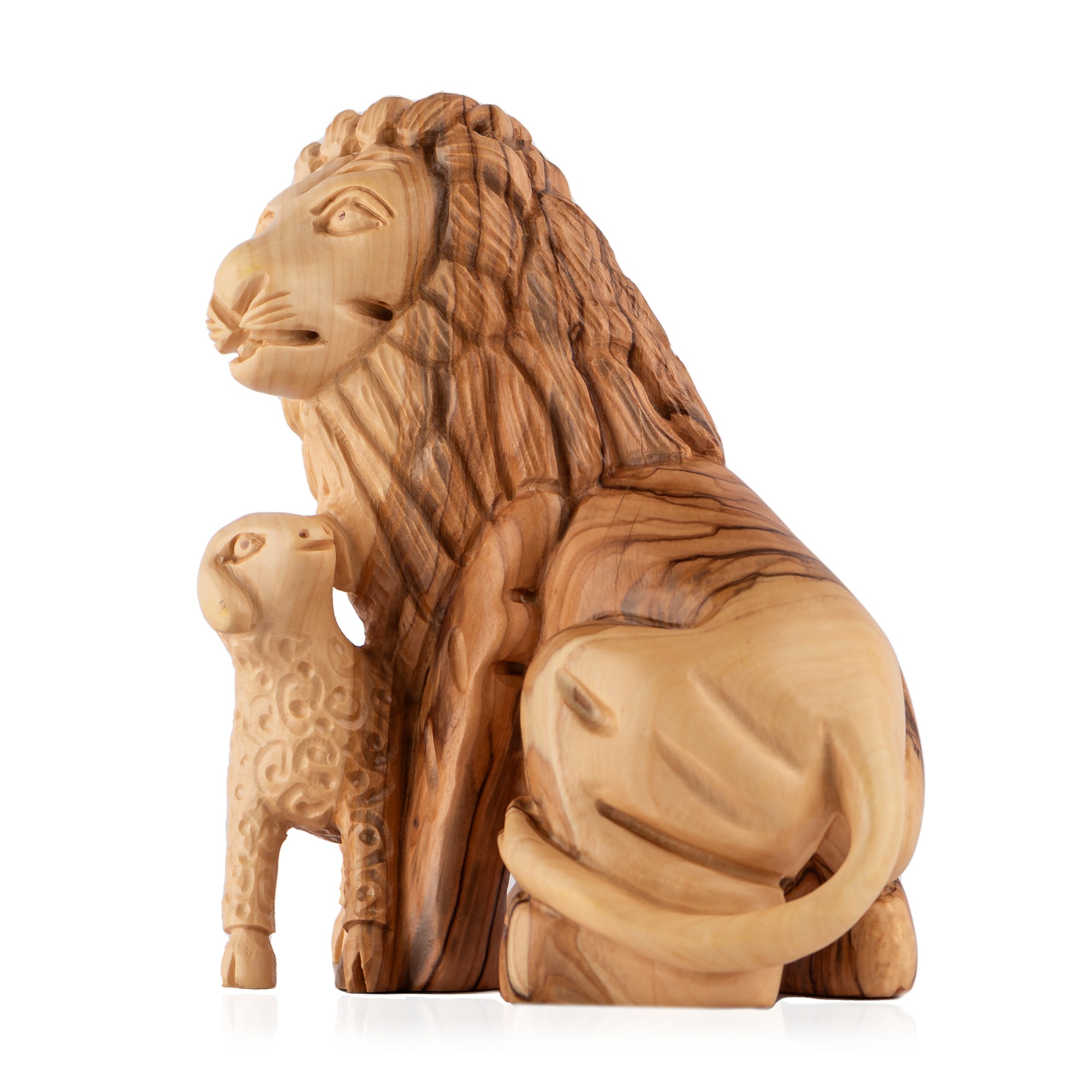 Lion with the Lamb Sculpture Made from Olive Wood