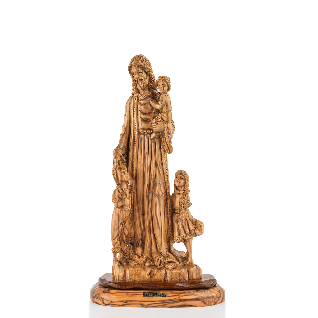Handcrafted Olive Wood Jesus with Children Statue – “Let the Little Children Come to Me” Christian Sculpture from the Holy Land