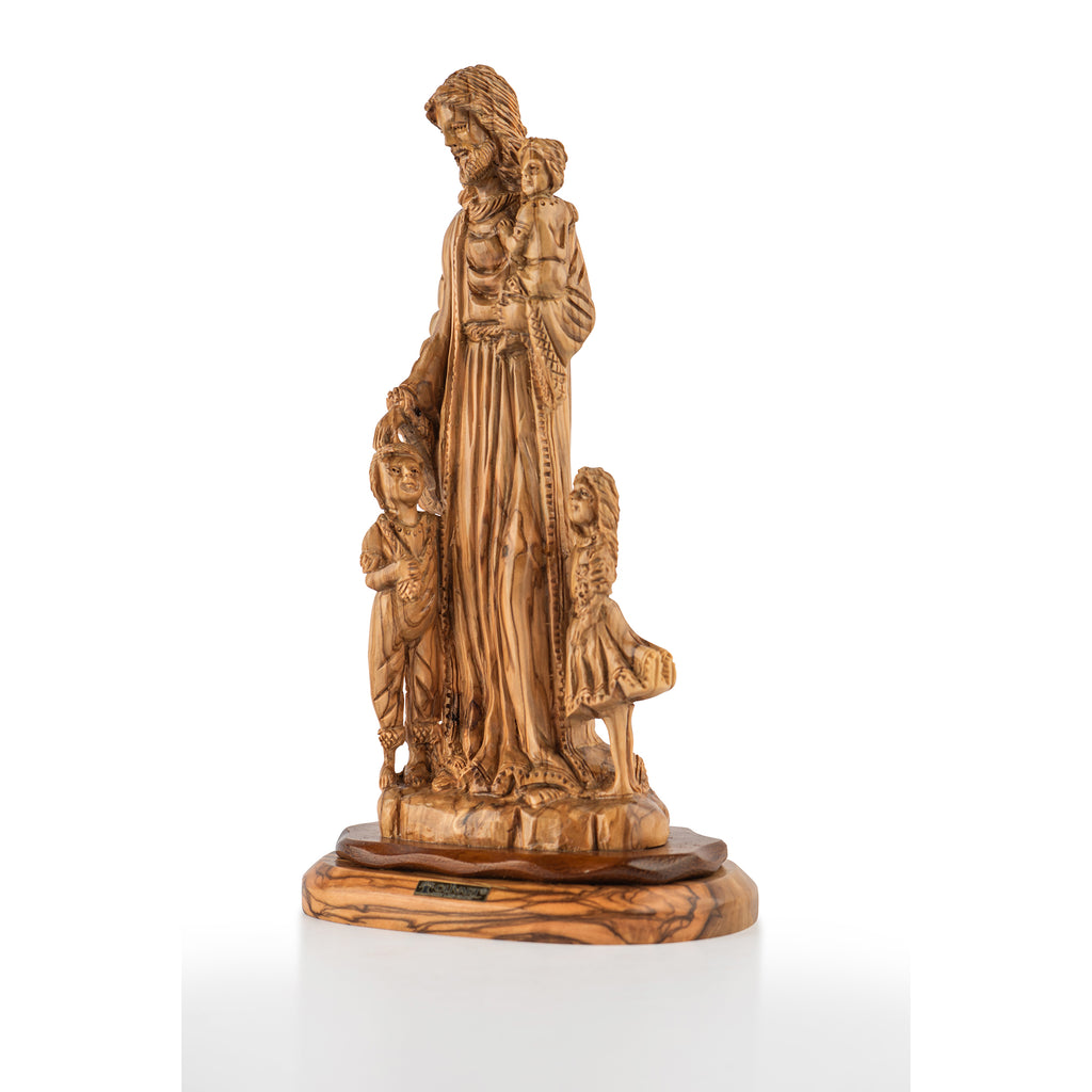 Handcrafted Olive Wood Jesus with Children Statue – “Let the Little Children Come to Me” Christian Sculpture from the Holy Land