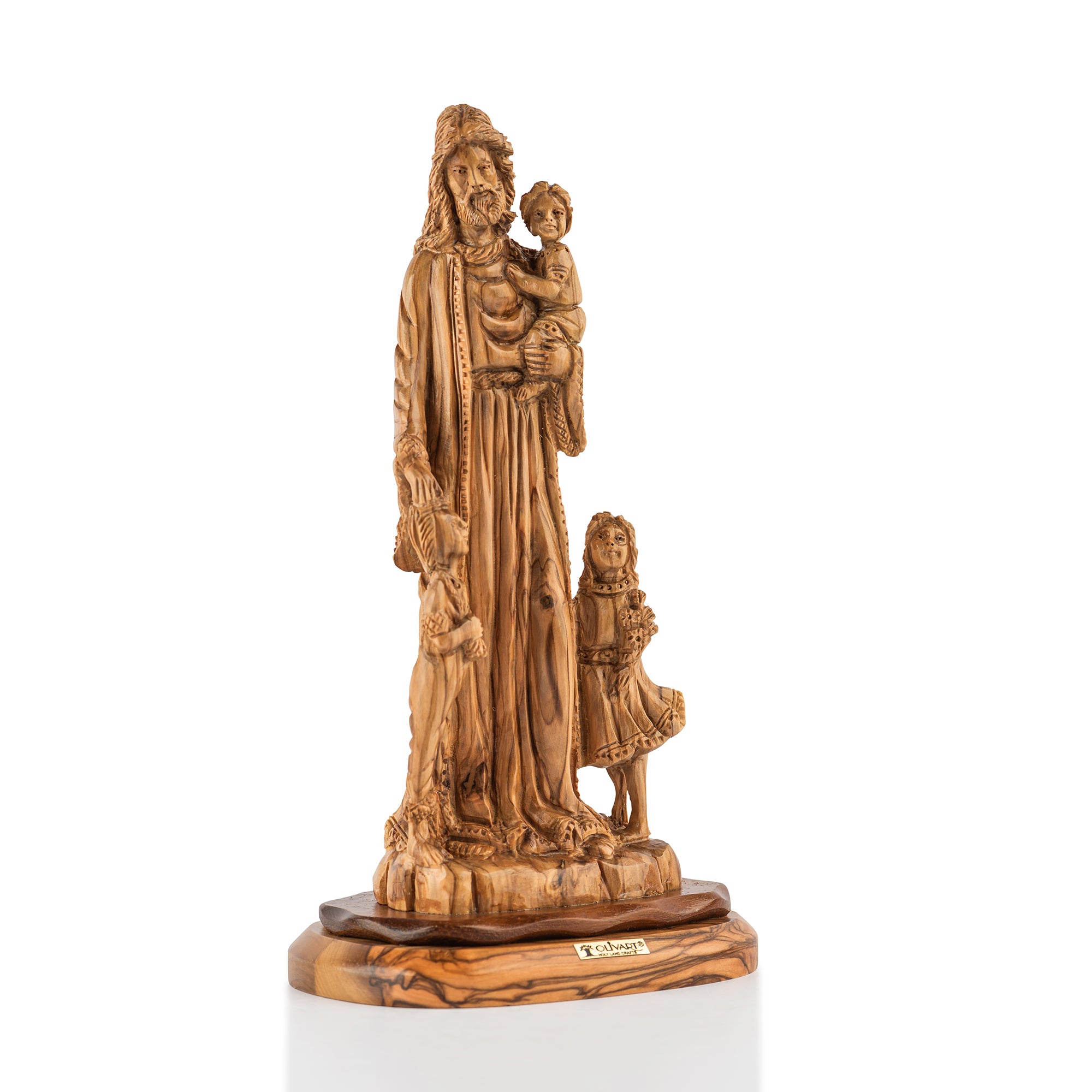 Handcrafted Olive Wood Jesus with Children Statue – “Let the Little Children Come to Me” Christian Sculpture from the Holy Land