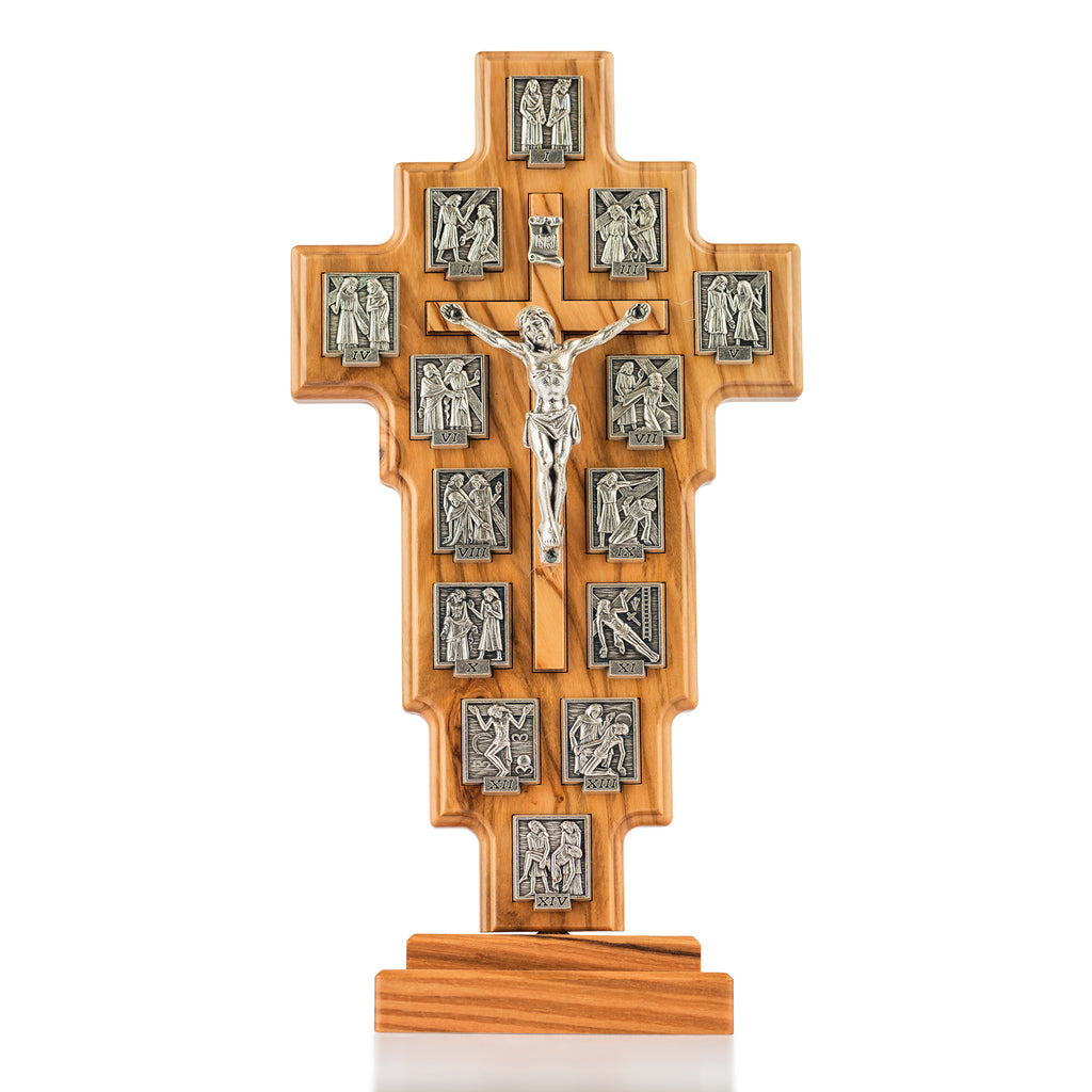 Stations of the Cross Olive Wood Crucifix with Metal Reliefs – Large Catholic & Christian Wall Cross
