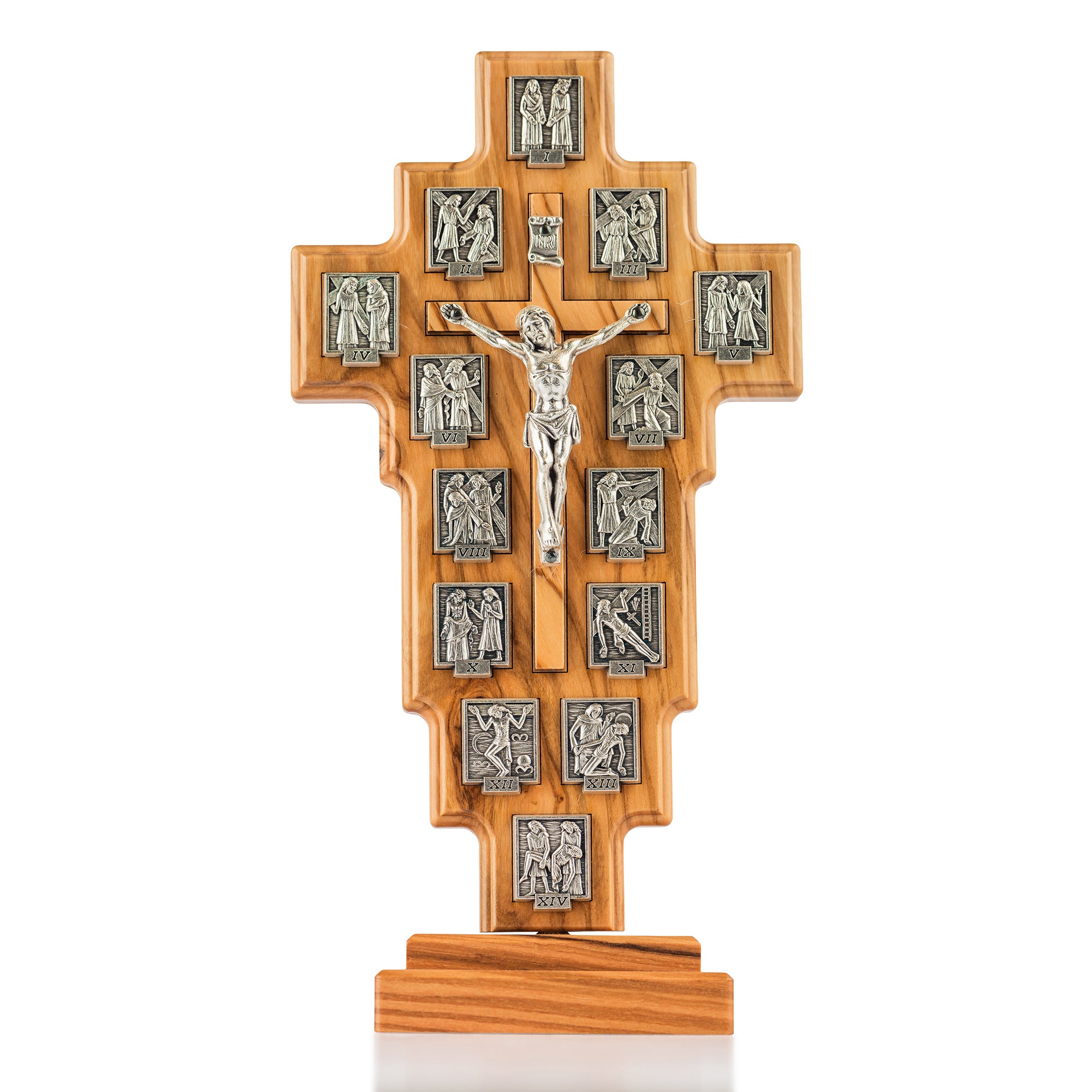 Stations of the Cross Olive Wood Crucifix with Metal Reliefs – Large Catholic & Christian Wall Cross