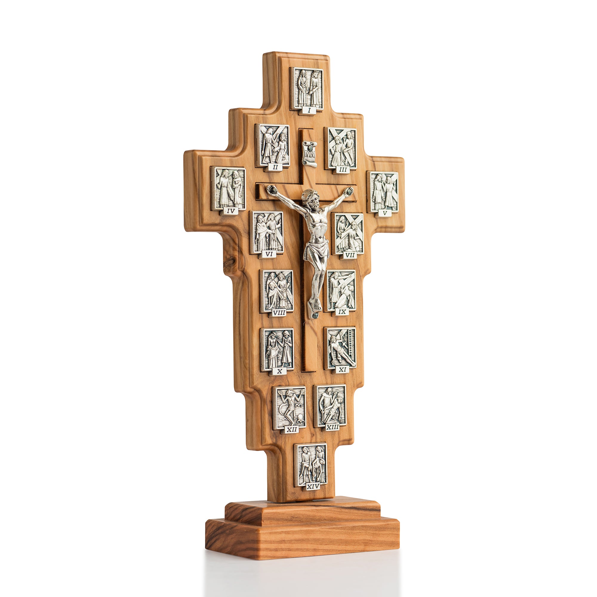 Stations of the Cross Olive Wood Crucifix with Metal Reliefs – Large Catholic & Christian Wall Cross