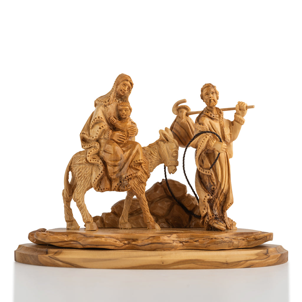 Holy Family on Donkey Sculpture Made from Olive Wood