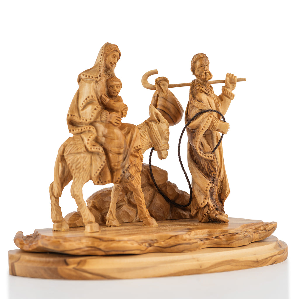 Holy Family on Donkey Sculpture Made from Olive Wood