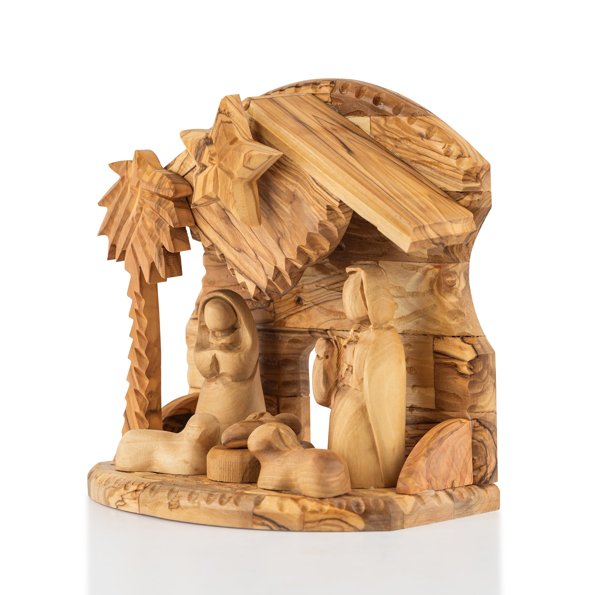 Handcrafted Olive Wood Nativity Scene – Holy Family in the Manger Christian Sculpture from the Holy Land
