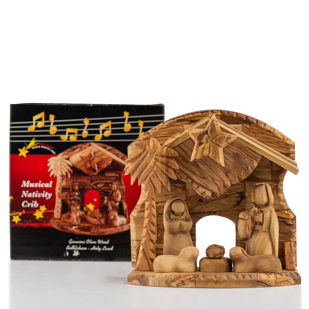 Handcrafted Olive Wood Nativity Scene – Holy Family in the Manger Christian Sculpture from the Holy Land