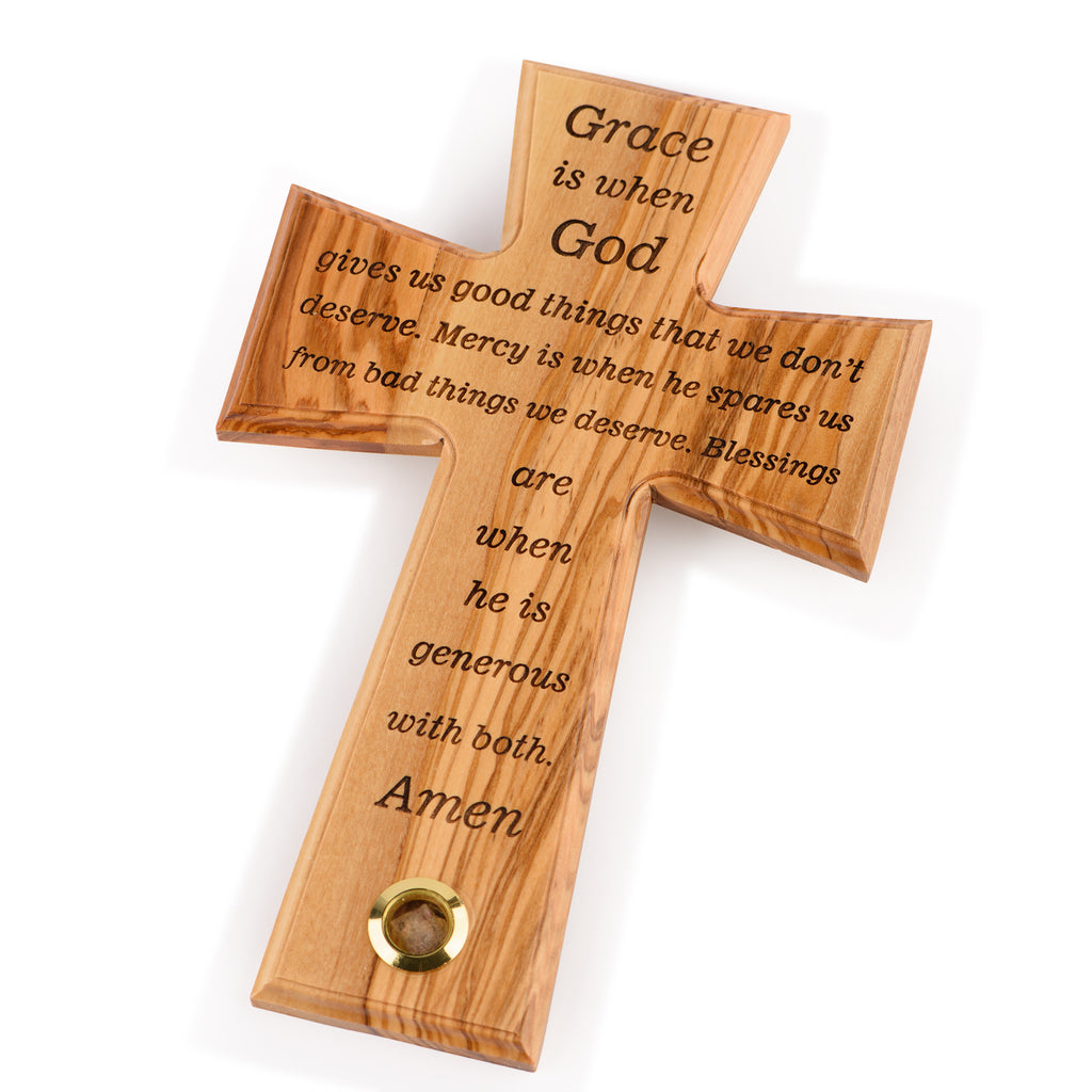 Handcrafted Olive Wood Grace Cross – “Grace is when God gives us good things...”