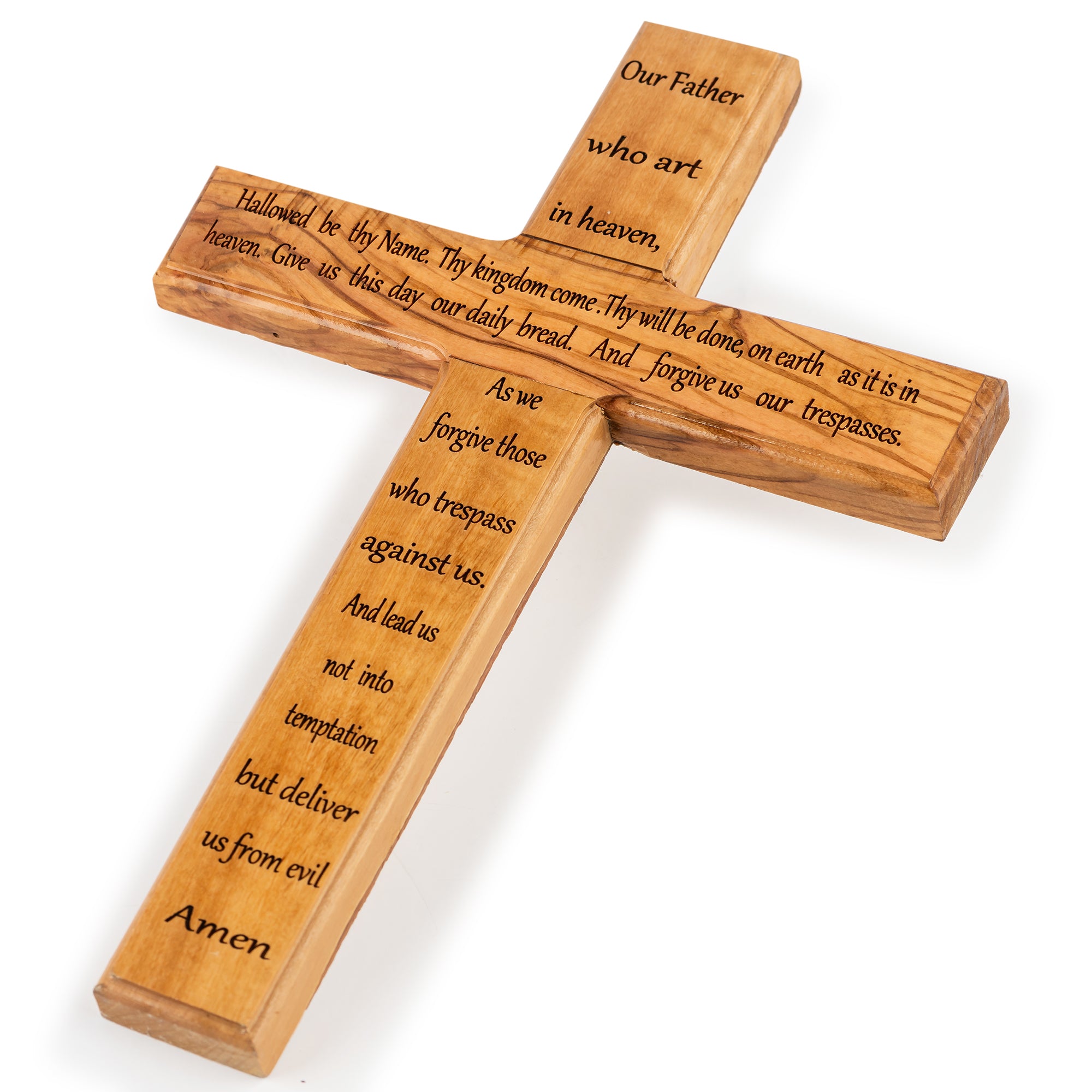 Handcrafted Olive Wood Lord’s Prayer Cross – “Our Father” Inspirational Christian Wall Decor from the Holy Land